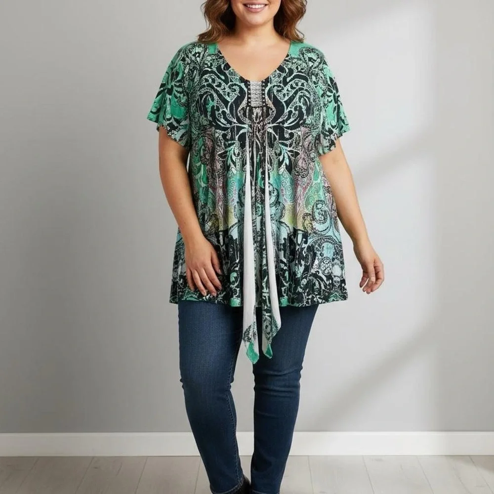 Elegant Green Paisley Tunic Top - Picture 3 of 6